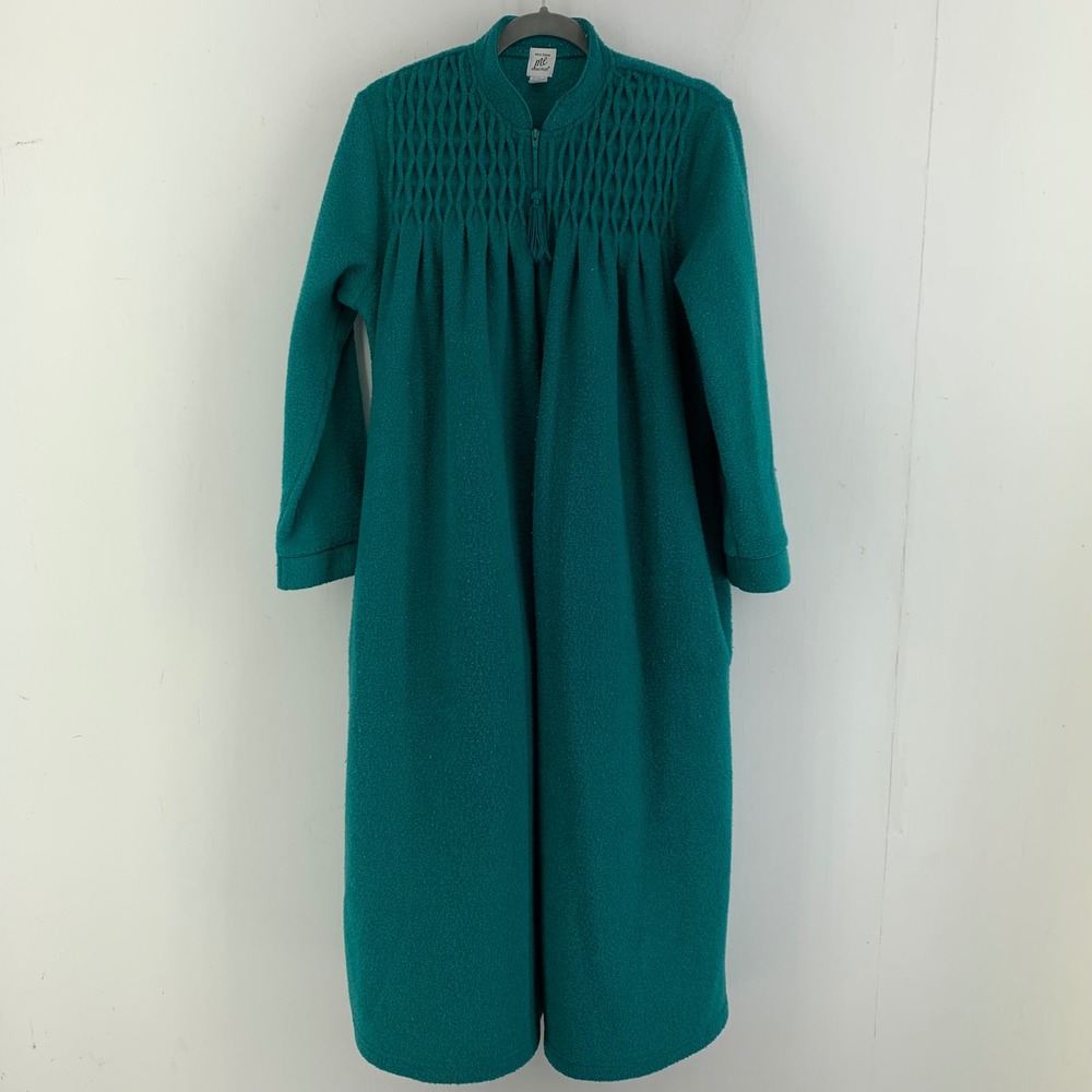 Miss Elaine Essentials Teal Fleece Zip Front Robe Smocked Long Housecoat Small